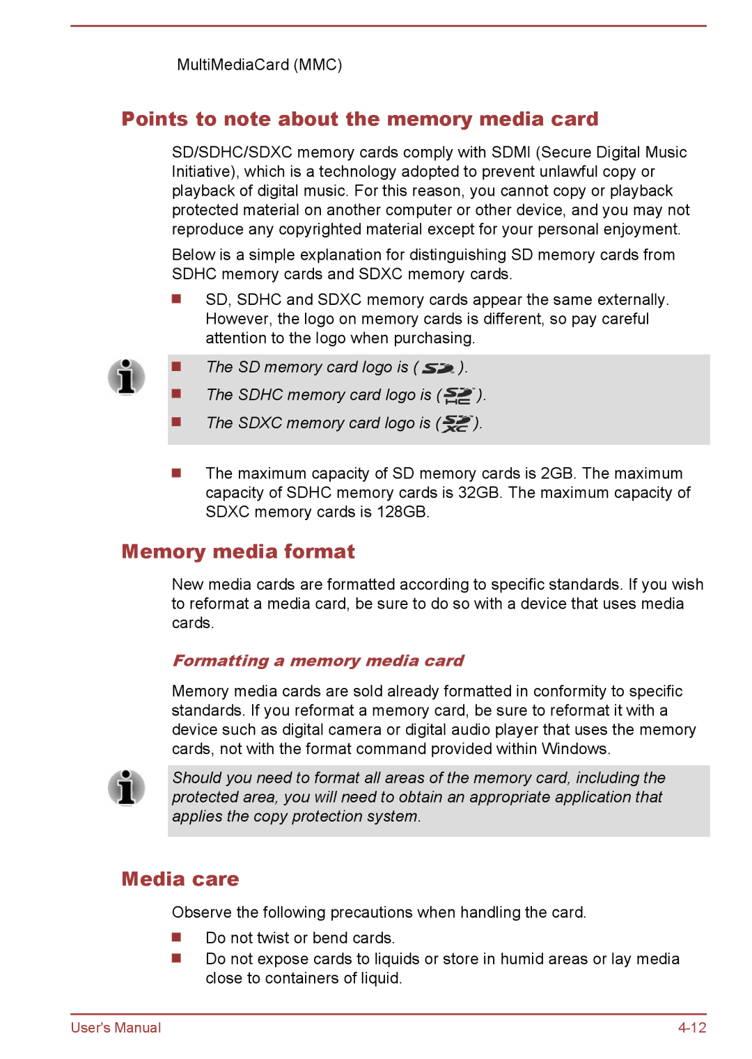 Toshiba P50W-B/P55W-B user manual Points to note about the memory media card, Memory media format, Media care 