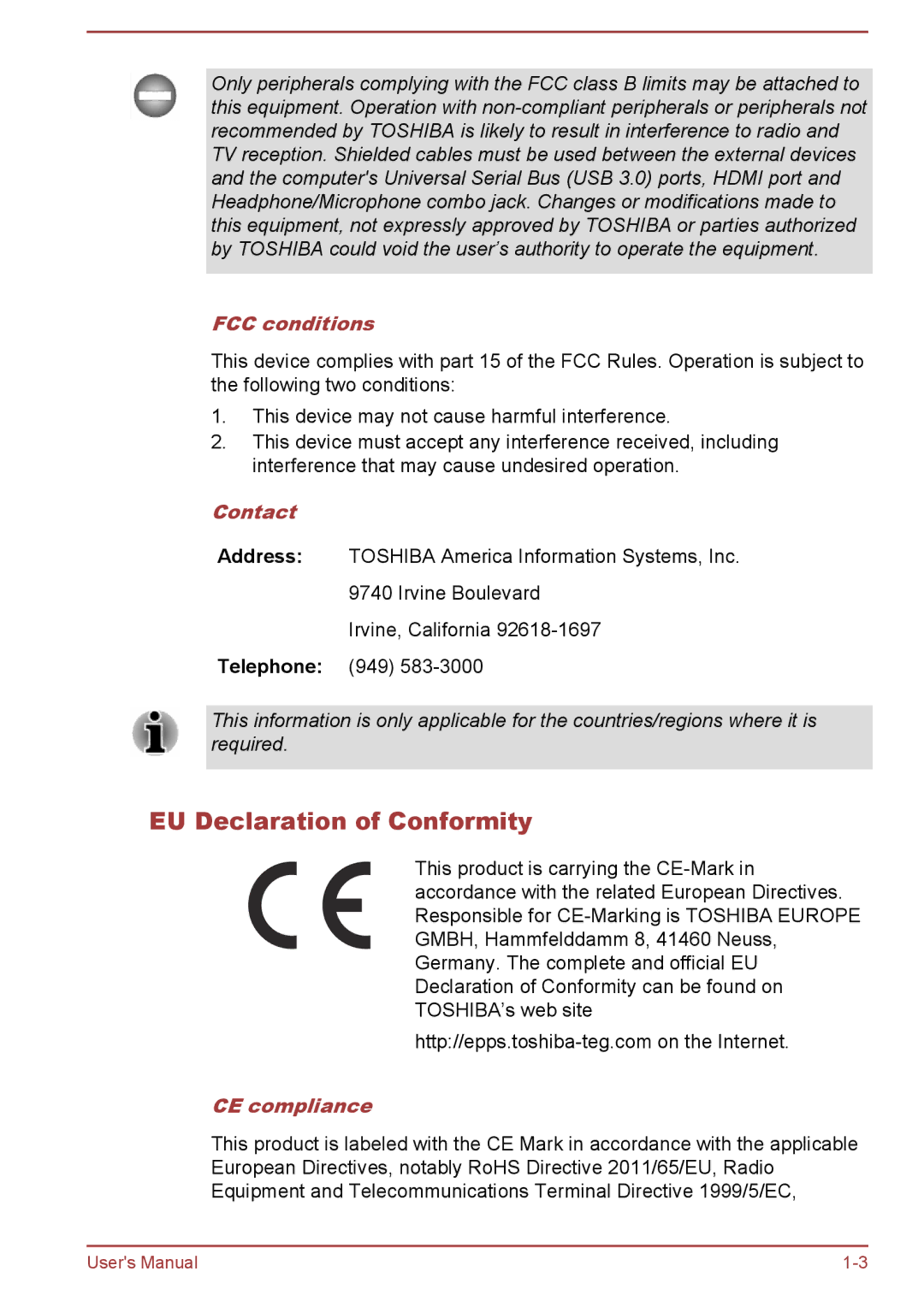 Toshiba P50W-B/P55W-B user manual EU Declaration of Conformity, FCC conditions, Contact, CE compliance 