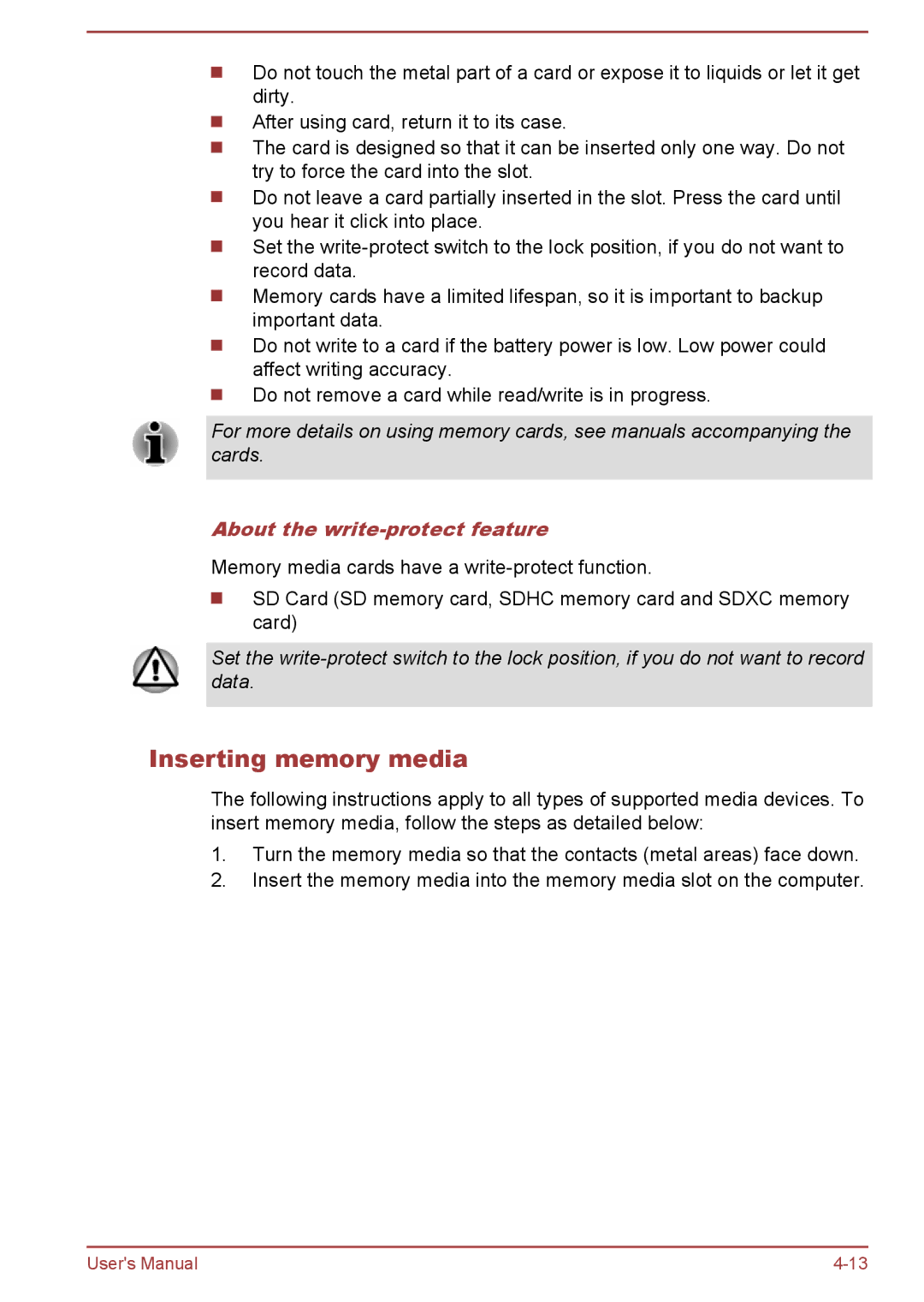 Toshiba P50W-B/P55W-B user manual Inserting memory media, About the write-protect feature 