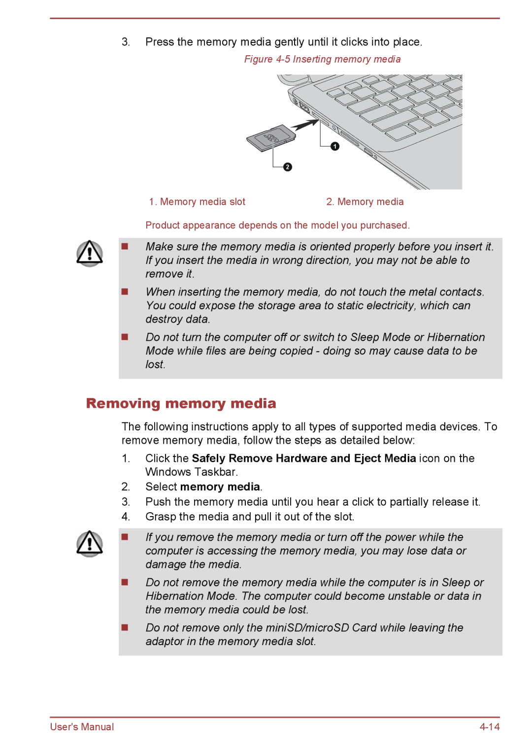 Toshiba P50W-B/P55W-B user manual Removing memory media, Inserting memory media 