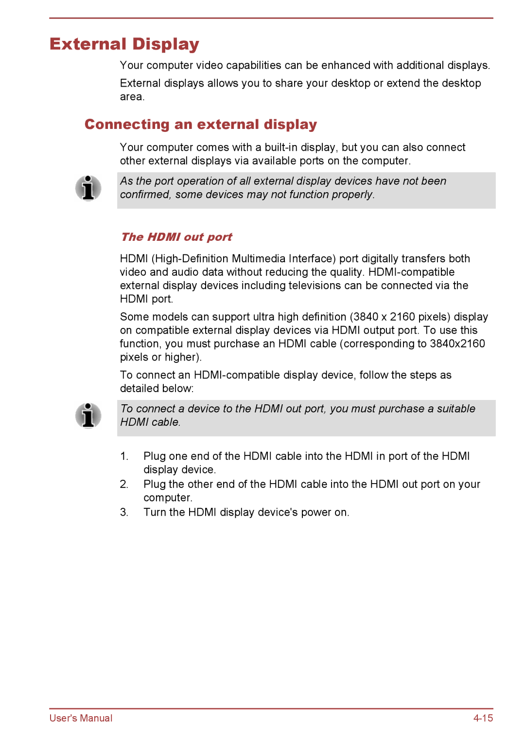 Toshiba P50W-B/P55W-B user manual External Display, Connecting an external display, Hdmi out port 