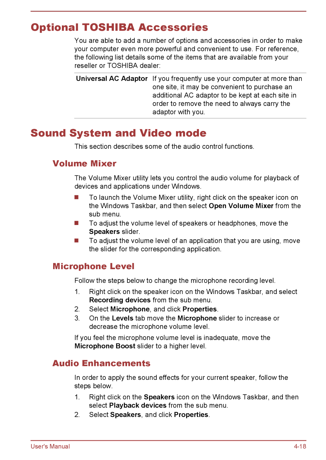 Toshiba P50W-B/P55W-B user manual Optional Toshiba Accessories, Sound System and Video mode, Volume Mixer, Microphone Level 