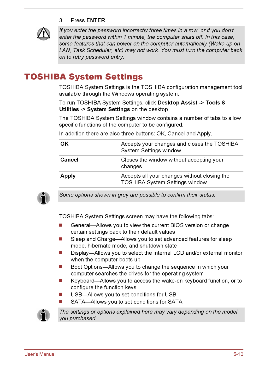 Toshiba P50W-B/P55W-B user manual Toshiba System Settings, Cancel, Apply 