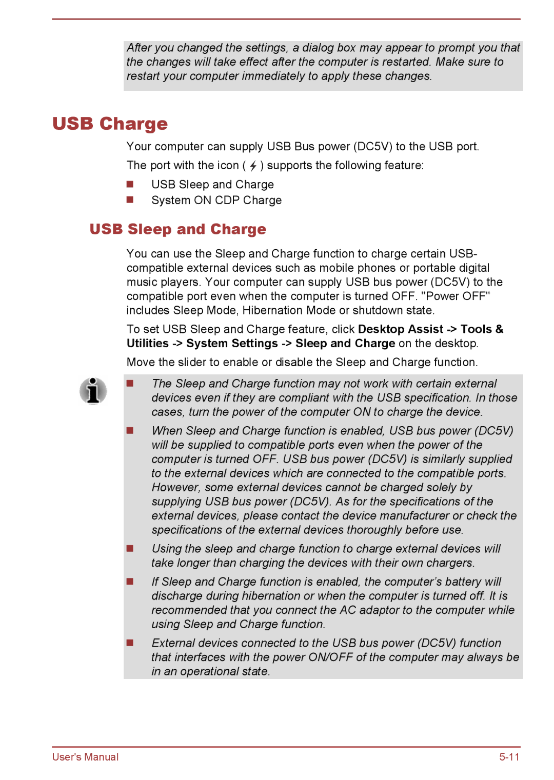 Toshiba P50W-B/P55W-B user manual USB Charge, USB Sleep and Charge 