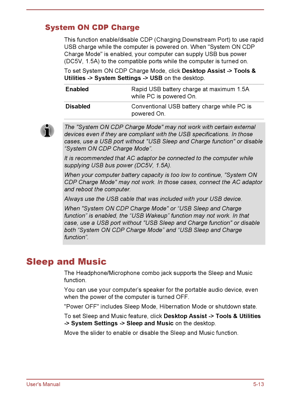 Toshiba P50W-B/P55W-B user manual Sleep and Music, System on CDP Charge 