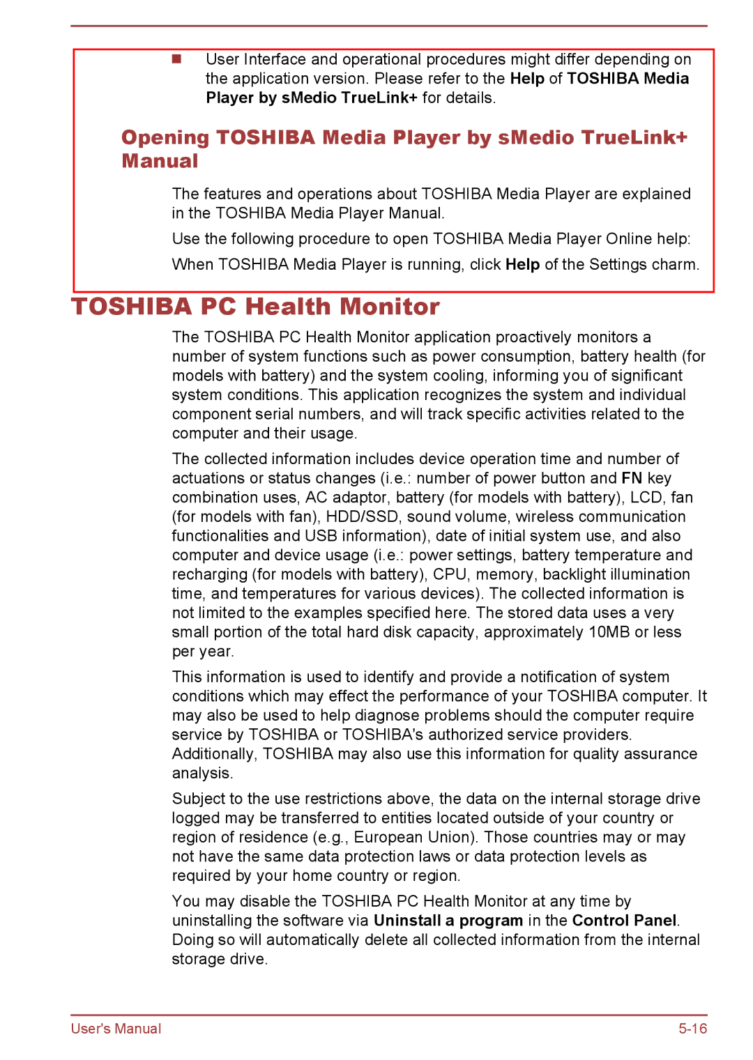 Toshiba P50W-B/P55W-B user manual Toshiba PC Health Monitor, Opening Toshiba Media Player by sMedio TrueLink+ Manual 