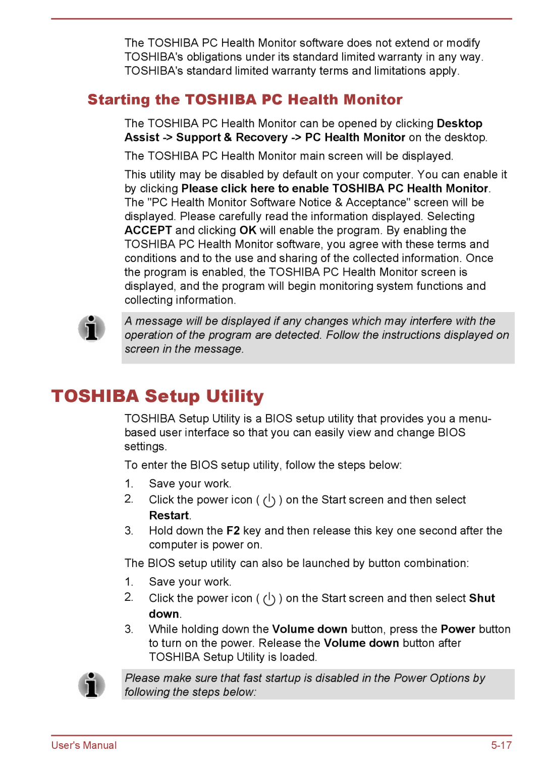 Toshiba P50W-B/P55W-B user manual Toshiba Setup Utility, Starting the Toshiba PC Health Monitor 