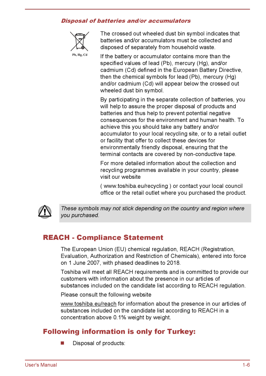 Toshiba P50W-B/P55W-B user manual Reach Compliance Statement, Following information is only for Turkey 