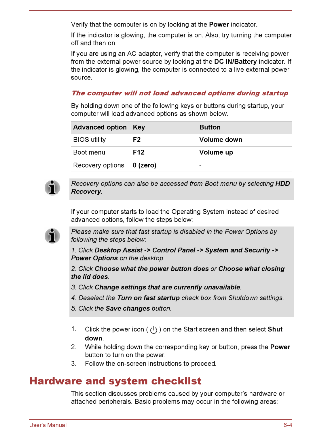 Toshiba P50W-B/P55W-B user manual Hardware and system checklist, Computer will not load advanced options during startup 