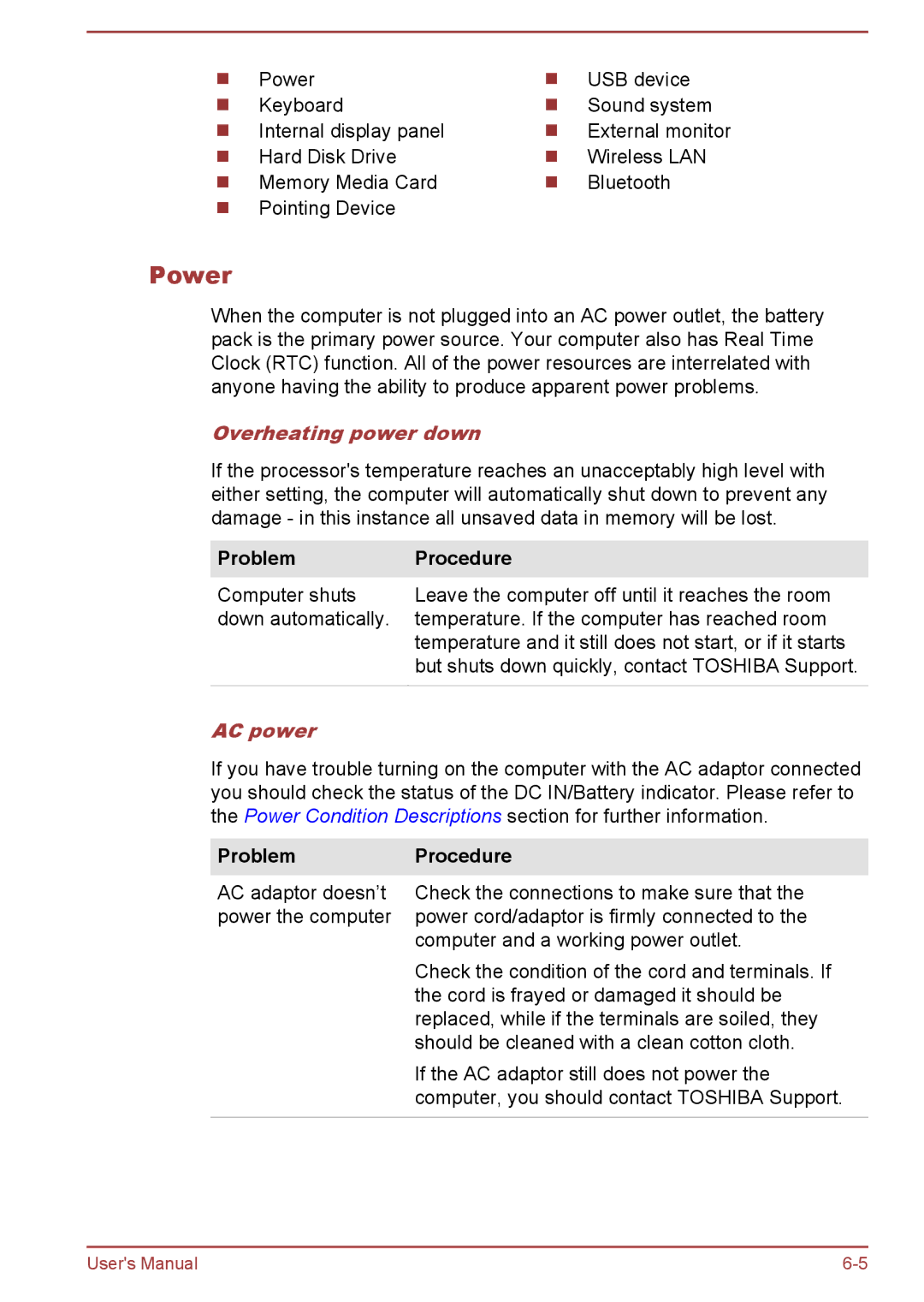 Toshiba P50W-B/P55W-B user manual Power, Overheating power down, Problem Procedure, AC power 