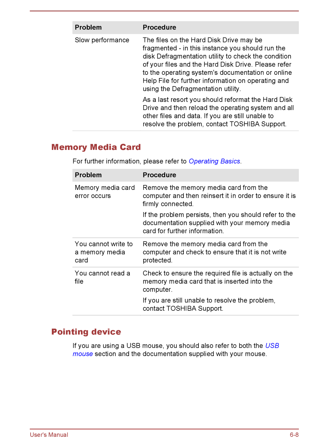 Toshiba P50W-B/P55W-B user manual Memory Media Card, Pointing device 