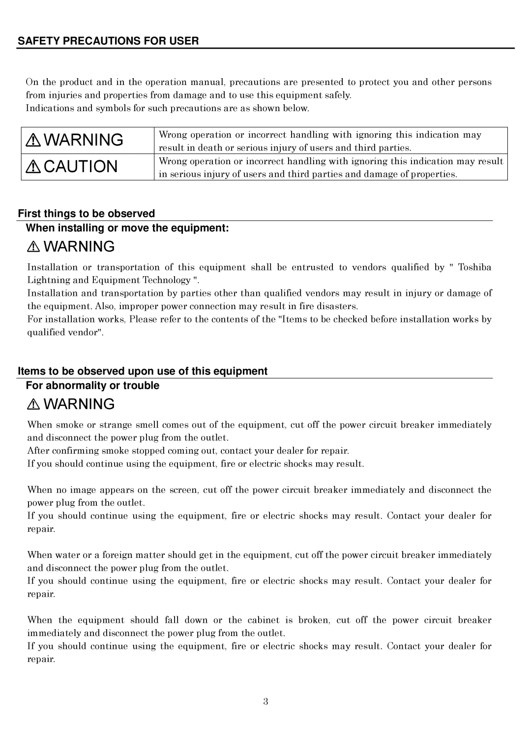 Toshiba P600DL service manual Safety Precautions for User 