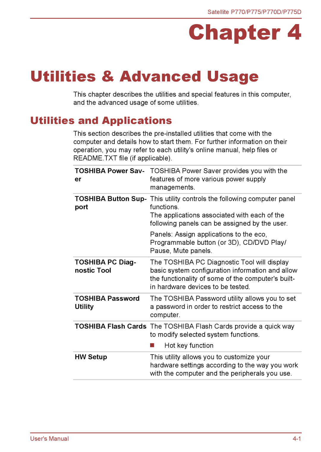 Toshiba P770 user manual Utilities & Advanced Usage, Utilities and Applications 