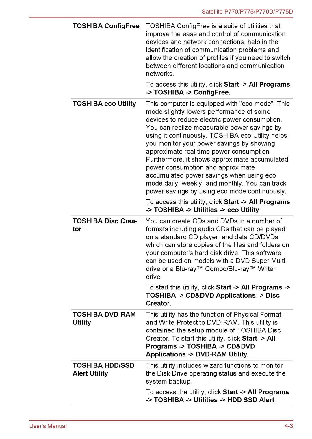 Toshiba P770 user manual Toshiba CD&DVD Applications Disc Creator, Programs Toshiba CD&DVD Applications DVD-RAM Utility 