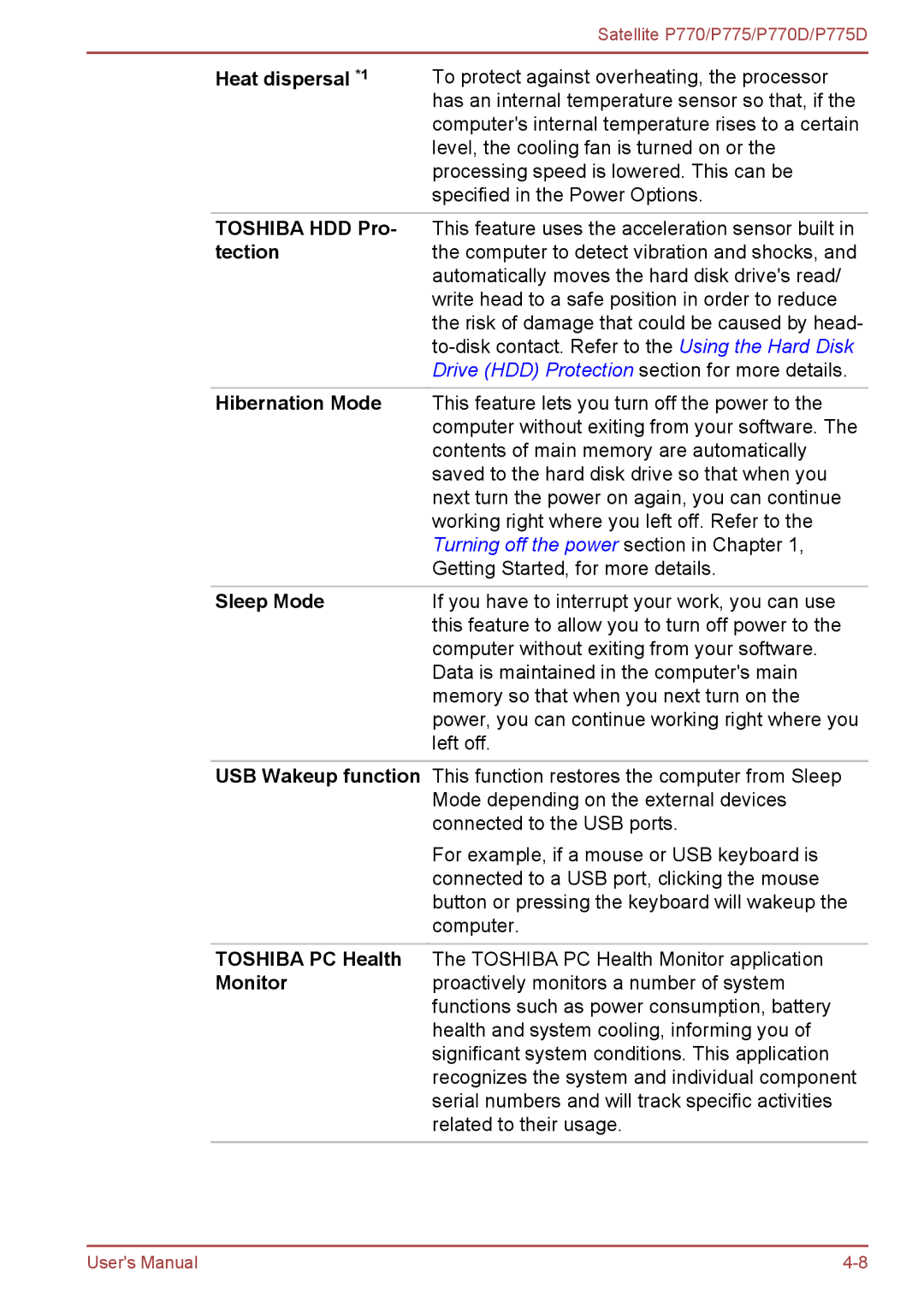 Toshiba P770 user manual Heat dispersal *1, Toshiba HDD Pro, Tection, Hibernation Mode, Sleep Mode 