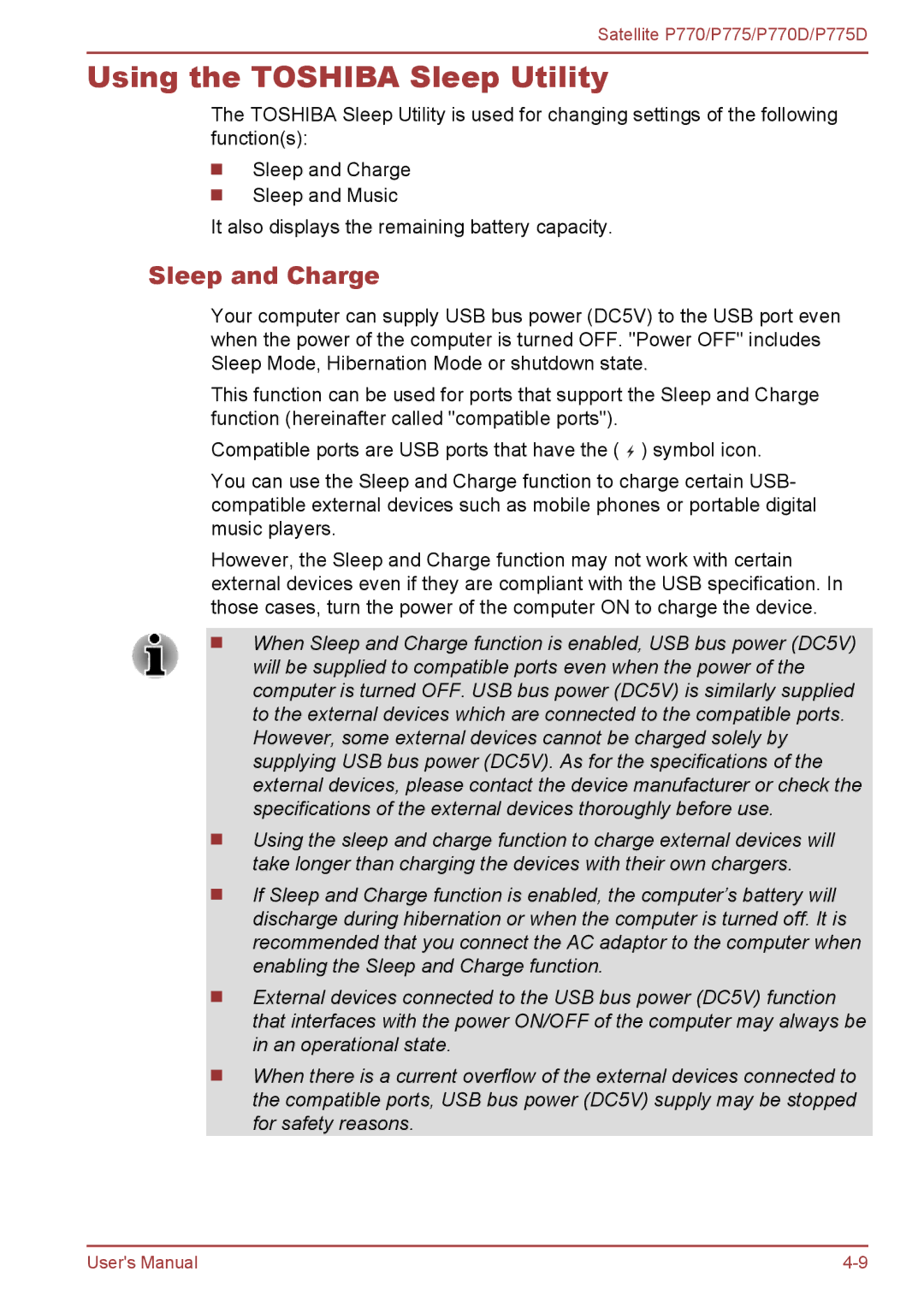 Toshiba P770 user manual Using the Toshiba Sleep Utility, Sleep and Charge 