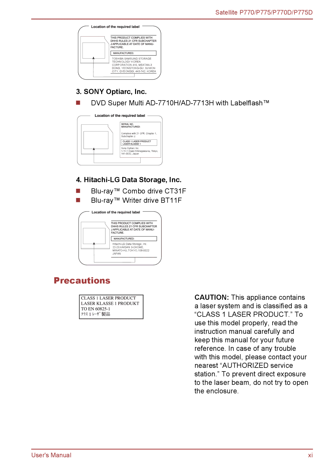 Toshiba P770 user manual Precautions, Sony Optiarc, Inc, Hitachi-LG Data Storage, Inc 