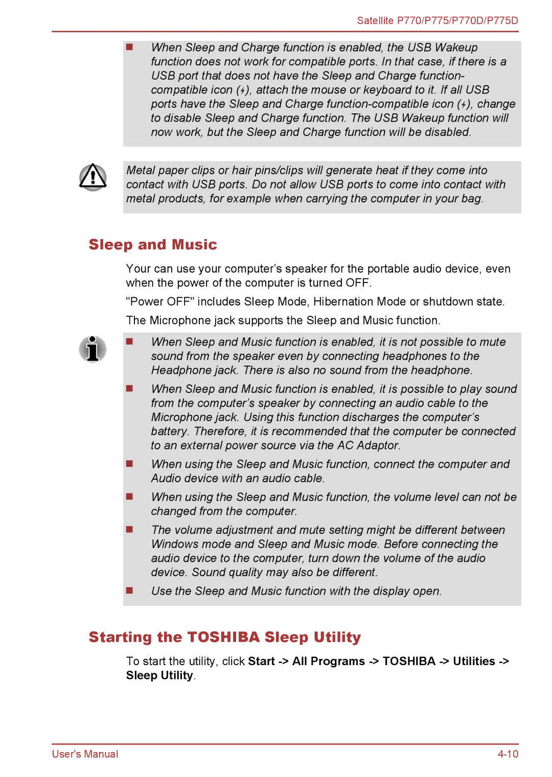 Toshiba P770 user manual Sleep and Music, Starting the Toshiba Sleep Utility 