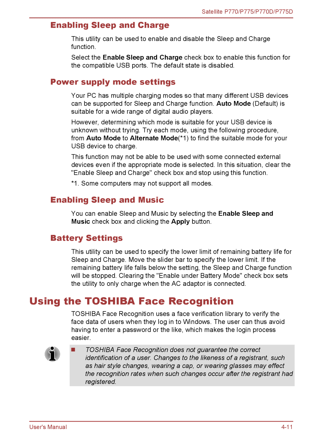 Toshiba P770 Using the Toshiba Face Recognition, Enabling Sleep and Charge, Power supply mode settings, Battery Settings 