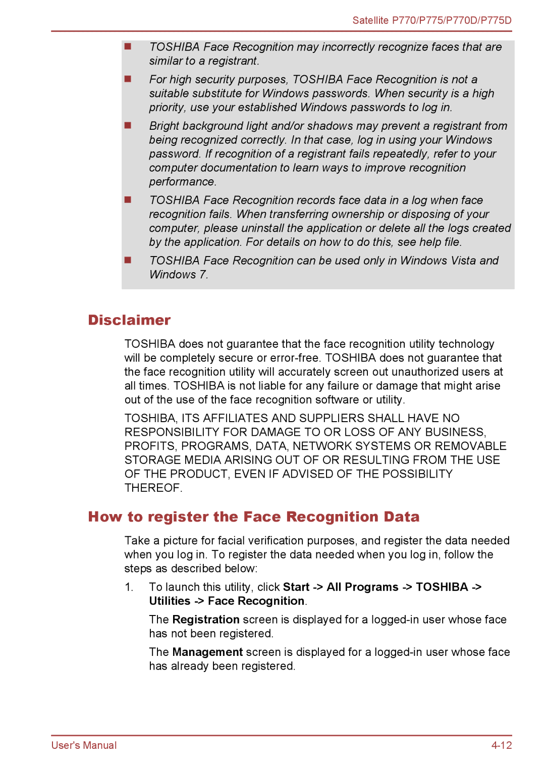 Toshiba P770 user manual Disclaimer, How to register the Face Recognition Data 