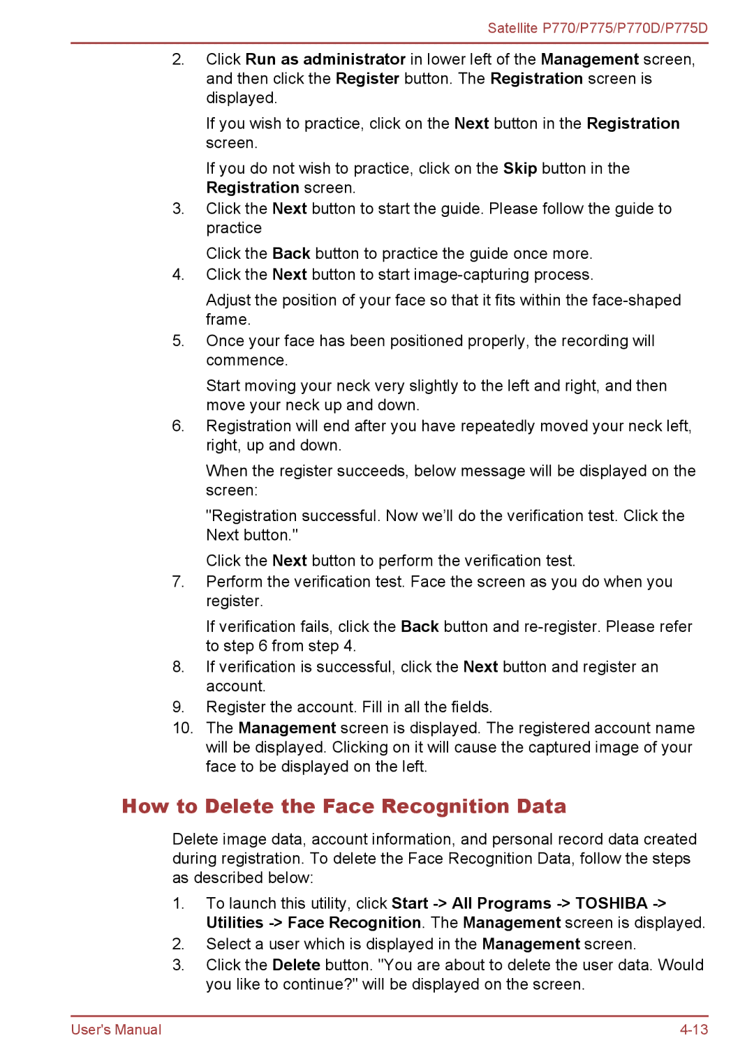 Toshiba P770 user manual How to Delete the Face Recognition Data 