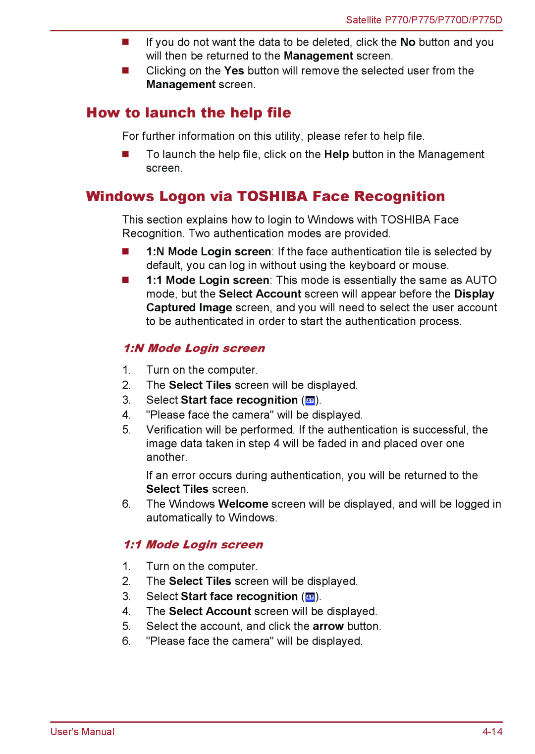 Toshiba P770 user manual How to launch the help file, Windows Logon via Toshiba Face Recognition, 1N Mode Login screen 