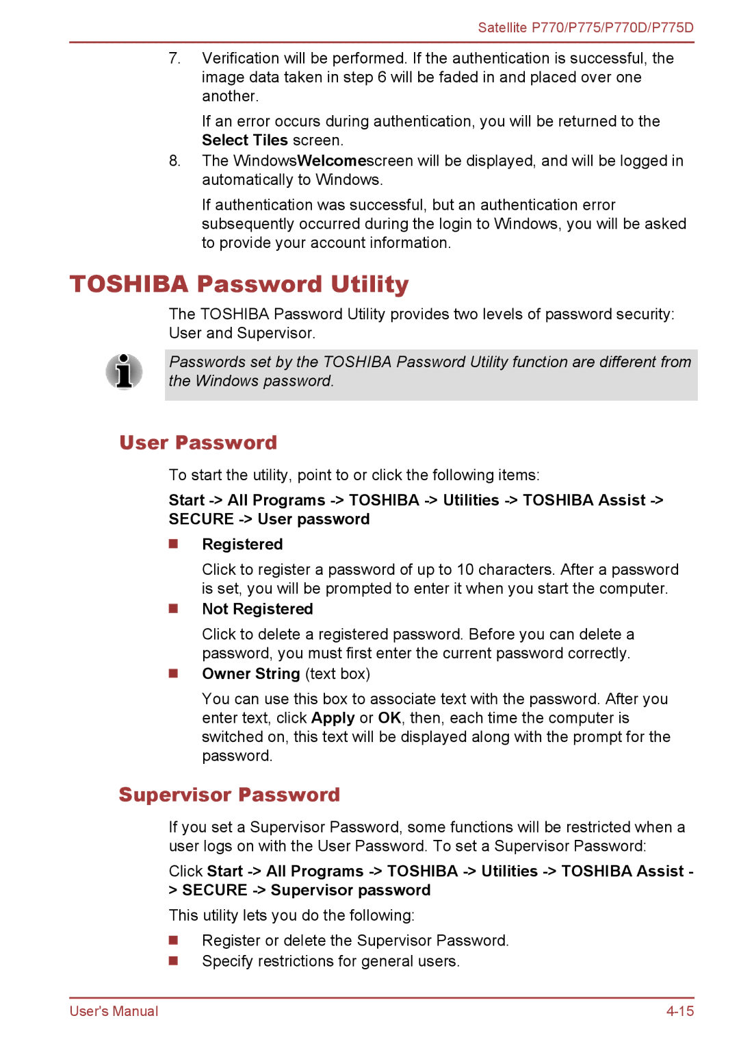 Toshiba P770 Toshiba Password Utility, User Password, Supervisor Password, Not Registered, Owner String text box 