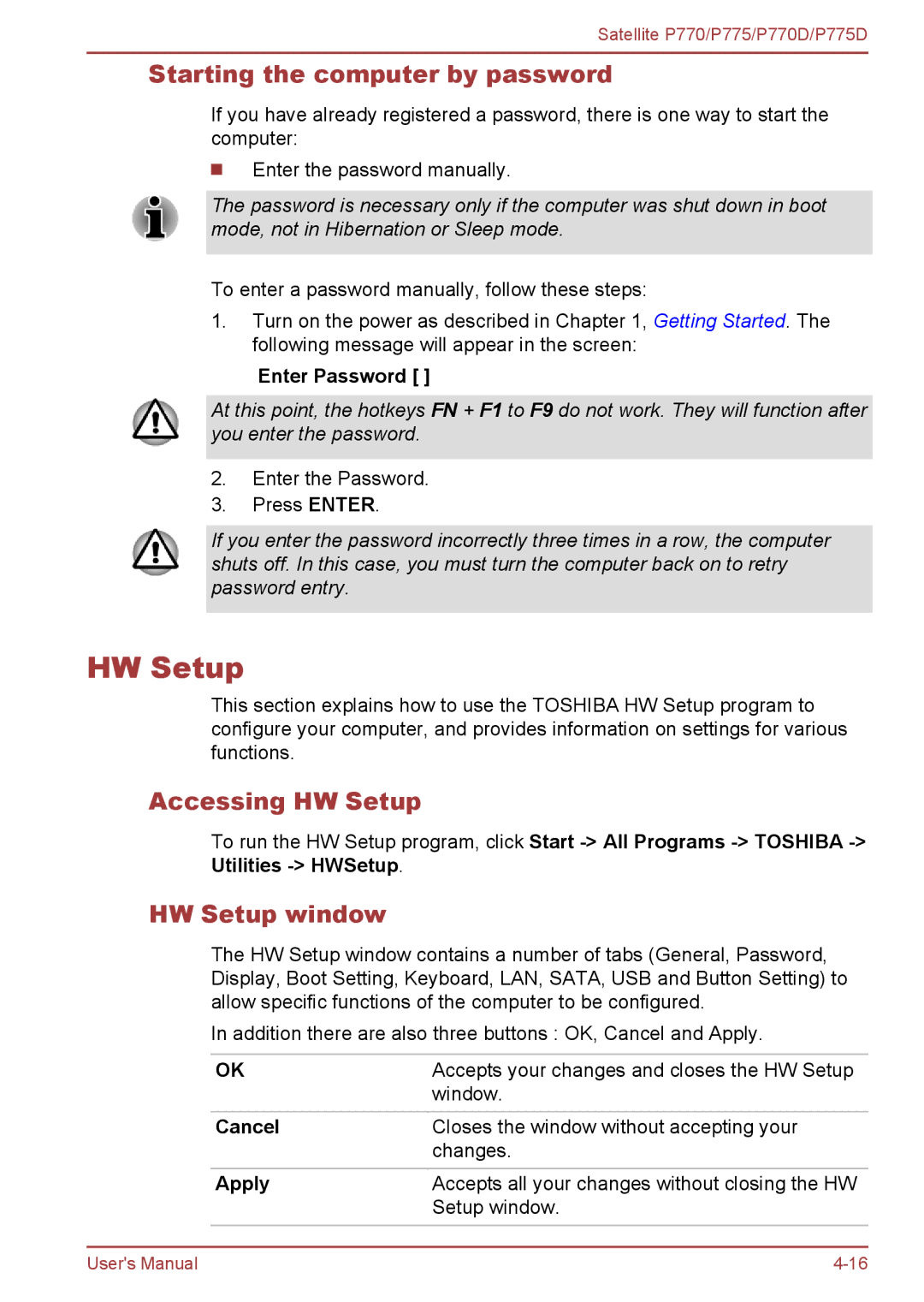 Toshiba P770 user manual Starting the computer by password, Accessing HW Setup, HW Setup window 