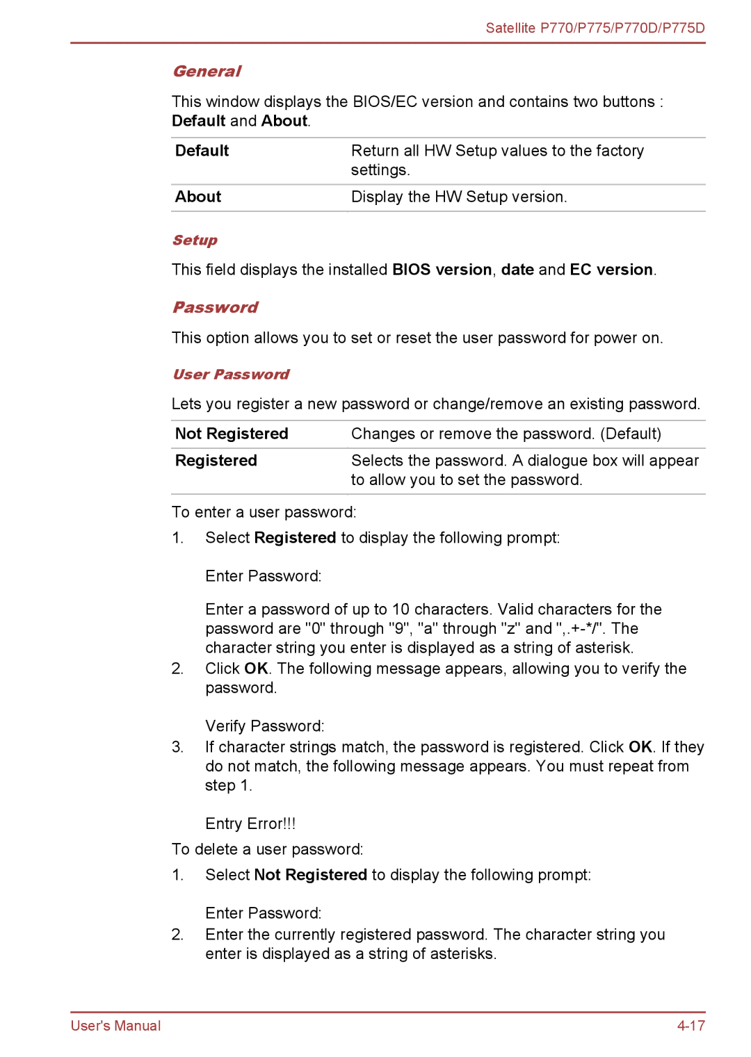 Toshiba P770 user manual General, Password 