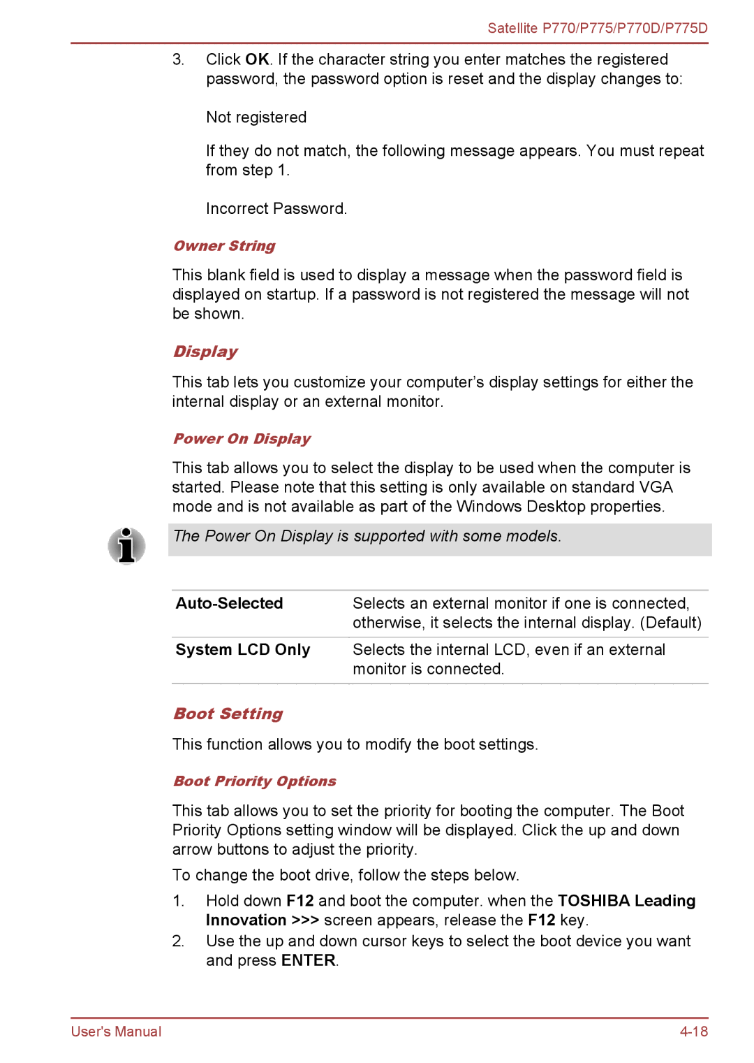 Toshiba P770 user manual Display, Auto-Selected, System LCD Only, Boot Setting 