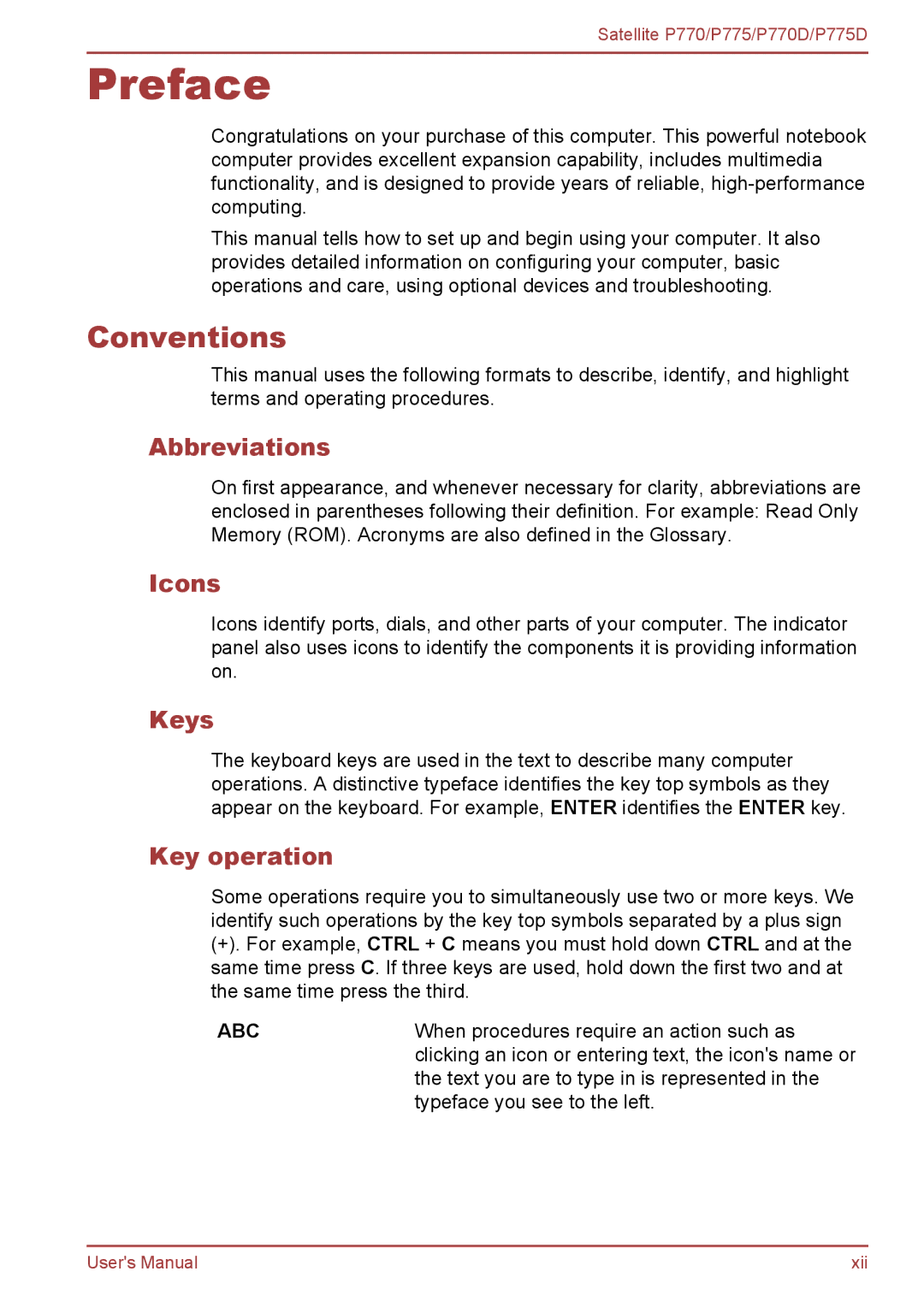 Toshiba P770 user manual Preface, Conventions 