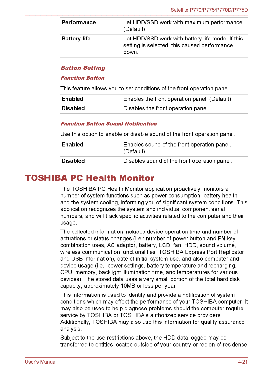 Toshiba P770 user manual Toshiba PC Health Monitor, Performance, Battery life, Button Setting 