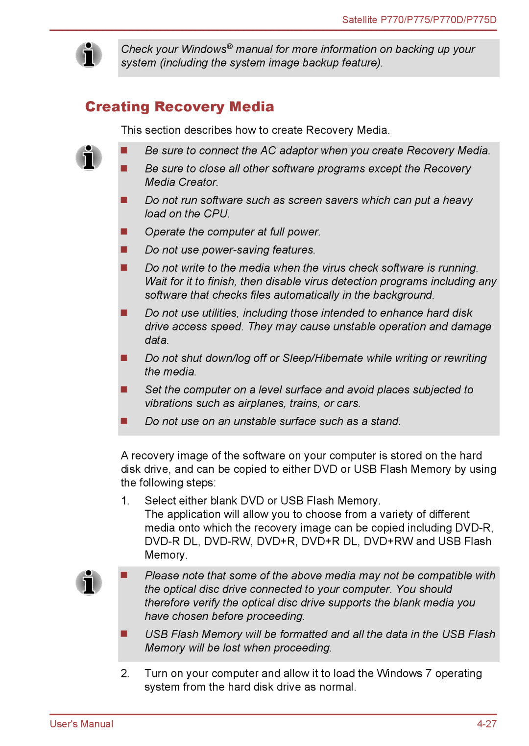 Toshiba P770 user manual Creating Recovery Media 