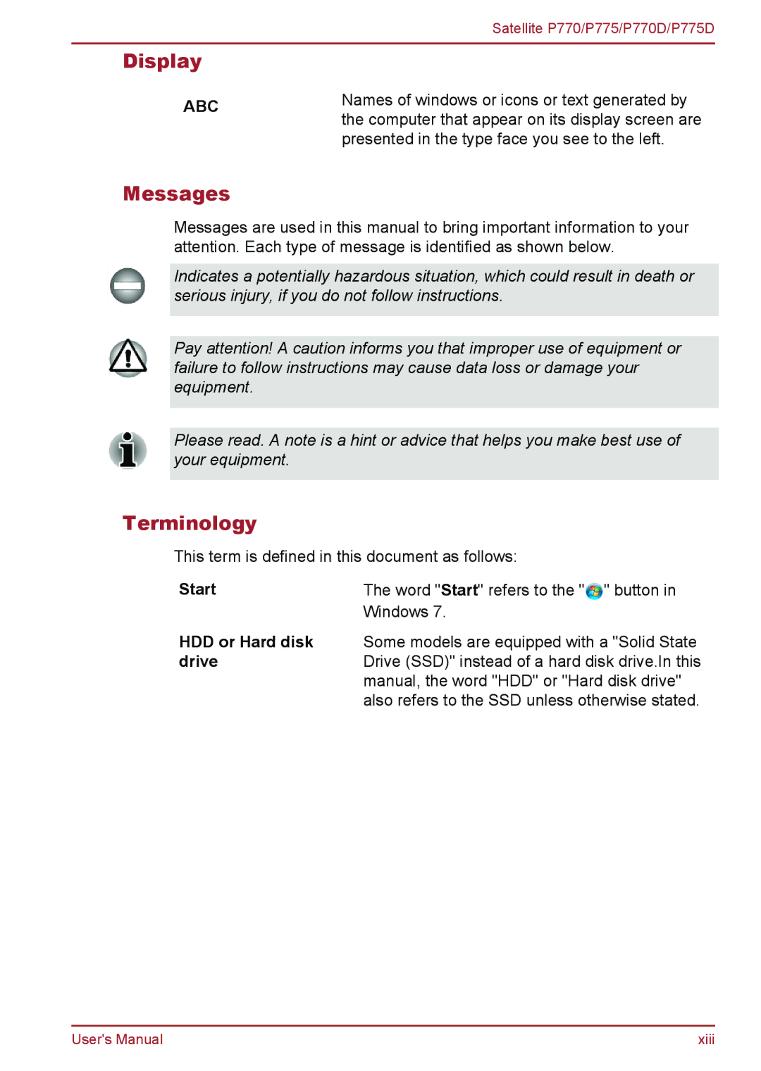 Toshiba P770 user manual Display, Messages, Terminology, Start Word Start refers to the button 