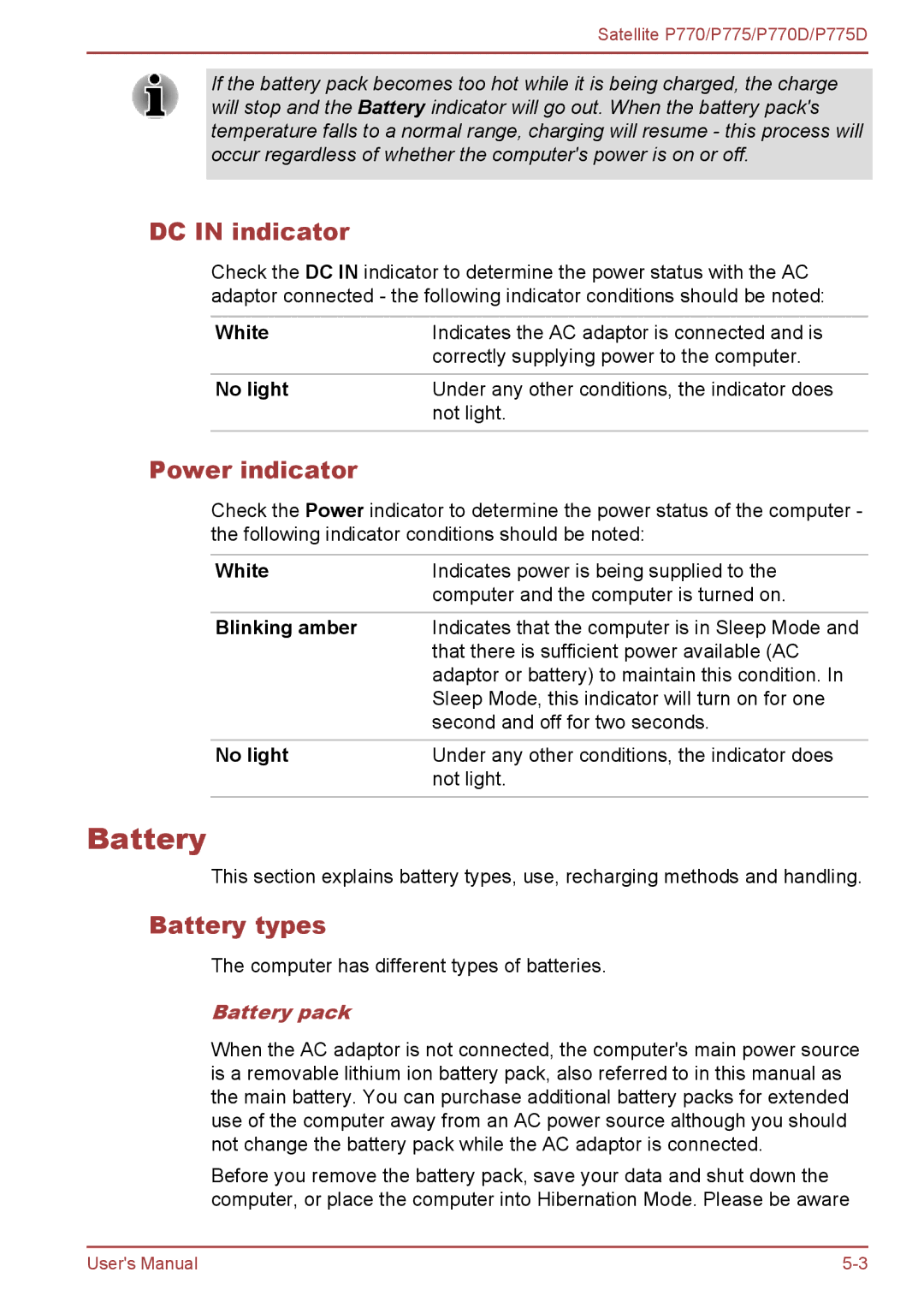 Toshiba P770 user manual DC in indicator, Power indicator, Battery types, Battery pack 