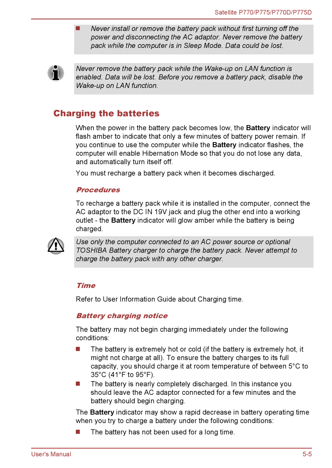 Toshiba P770 user manual Charging the batteries, Procedures, Time, Battery charging notice 