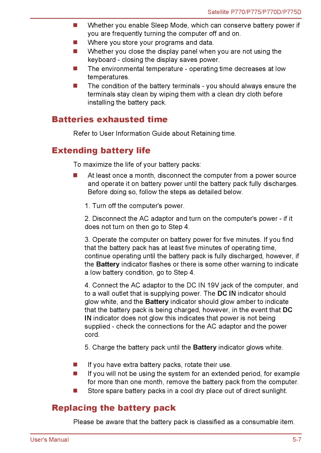 Toshiba P770 user manual Batteries exhausted time, Extending battery life, Replacing the battery pack 