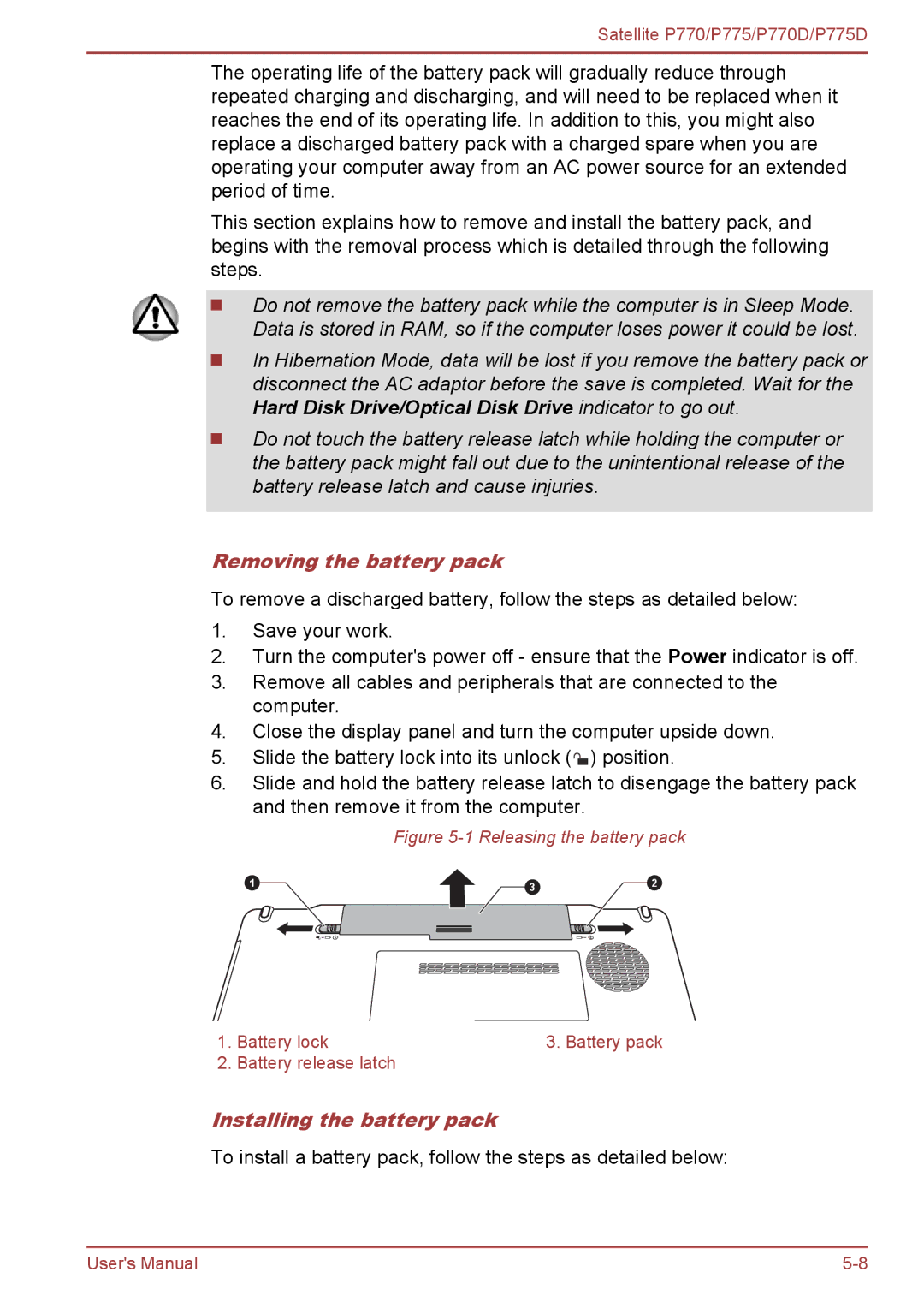 Toshiba P770 user manual Removing the battery pack, Installing the battery pack 