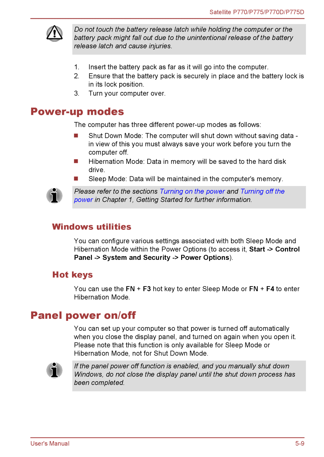 Toshiba P770 user manual Power-up modes, Panel power on/off, Windows utilities, Hot keys 