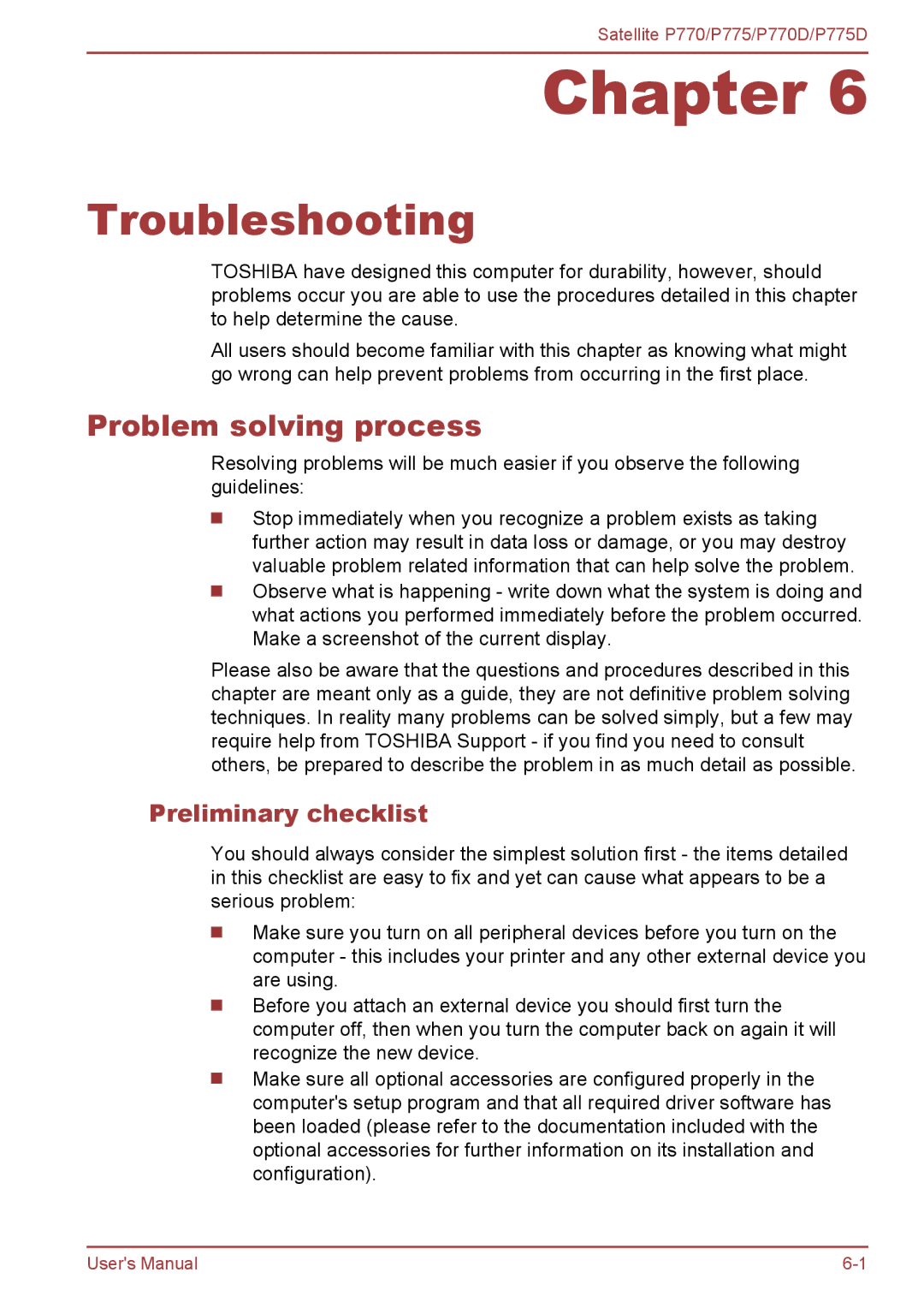 Toshiba P770 user manual Troubleshooting, Problem solving process, Preliminary checklist 