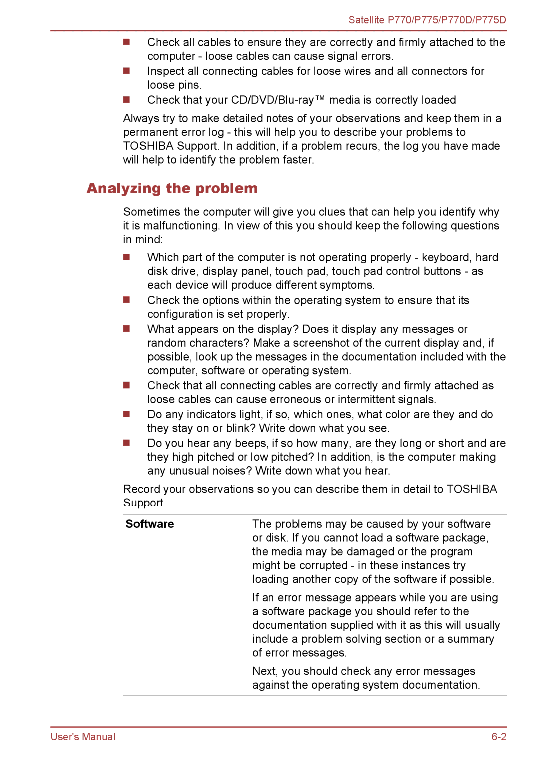 Toshiba P770 user manual Analyzing the problem, Software 