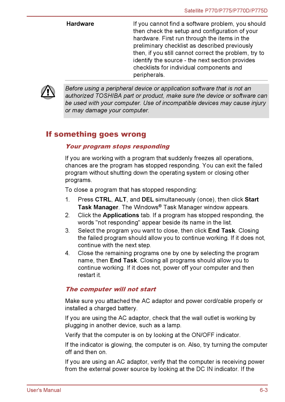 Toshiba P770 user manual If something goes wrong, Hardware, Your program stops responding, Computer will not start 