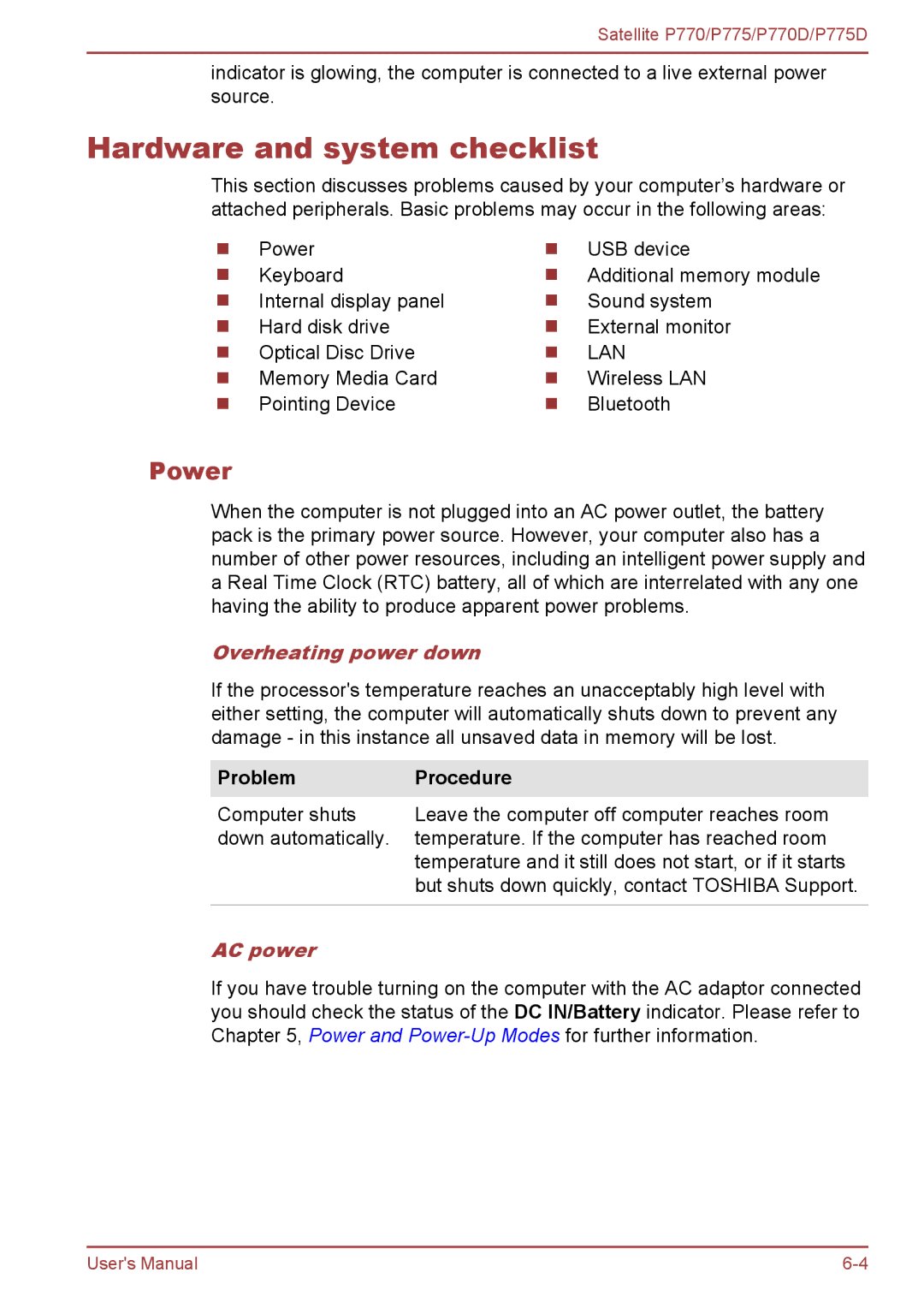 Toshiba P770 user manual Hardware and system checklist, Power, Overheating power down, Problem Procedure, AC power 