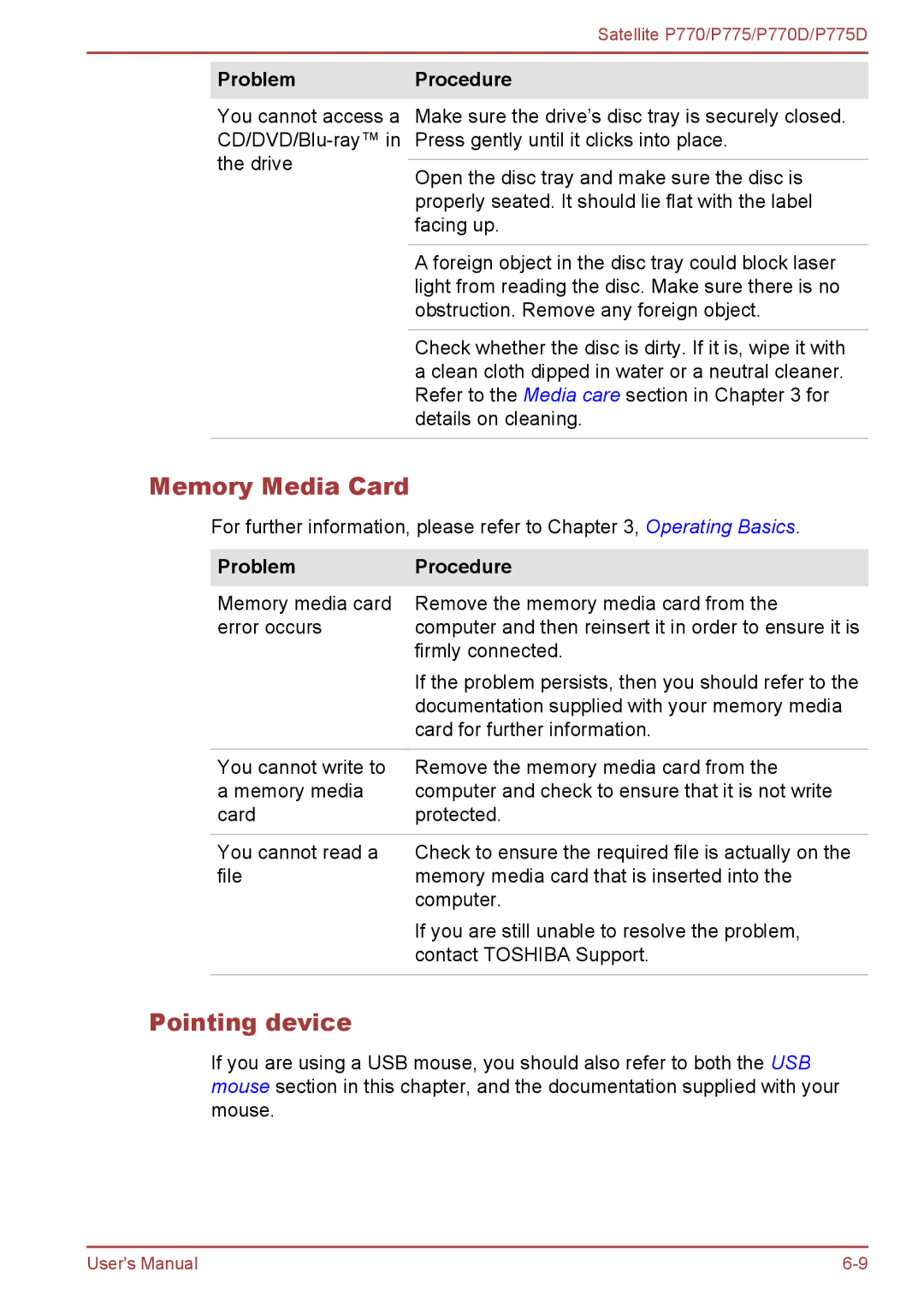 Toshiba P770 user manual Memory Media Card, Pointing device 