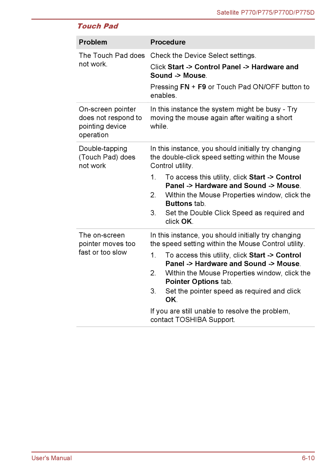 Toshiba P770 user manual Touch Pad 