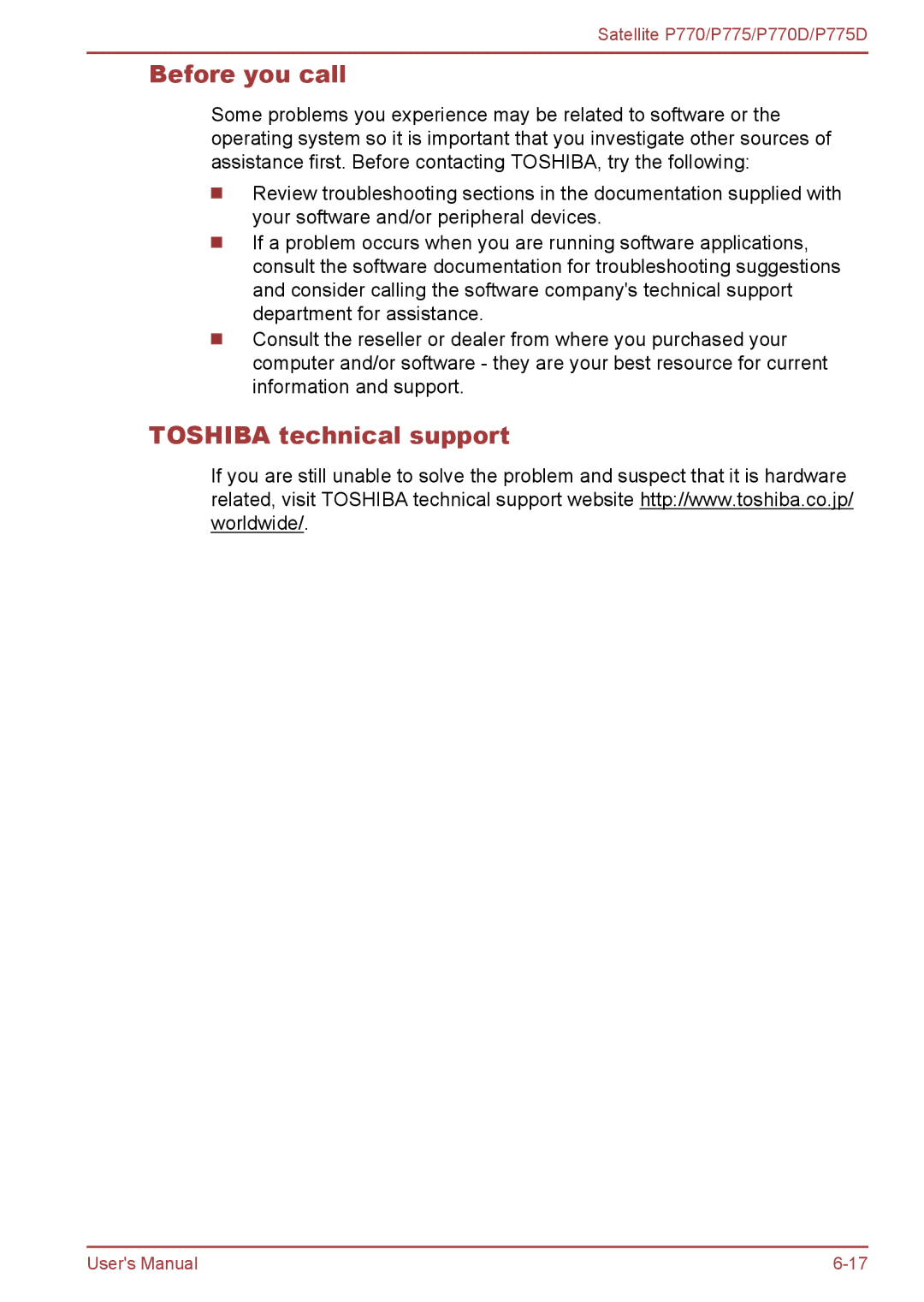 Toshiba P770 user manual Before you call, Toshiba technical support 