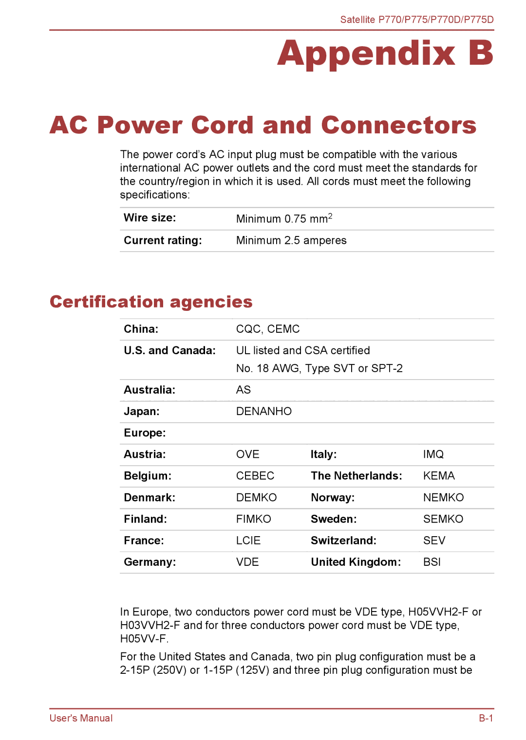 Toshiba P770 user manual AC Power Cord and Connectors, Certification agencies 