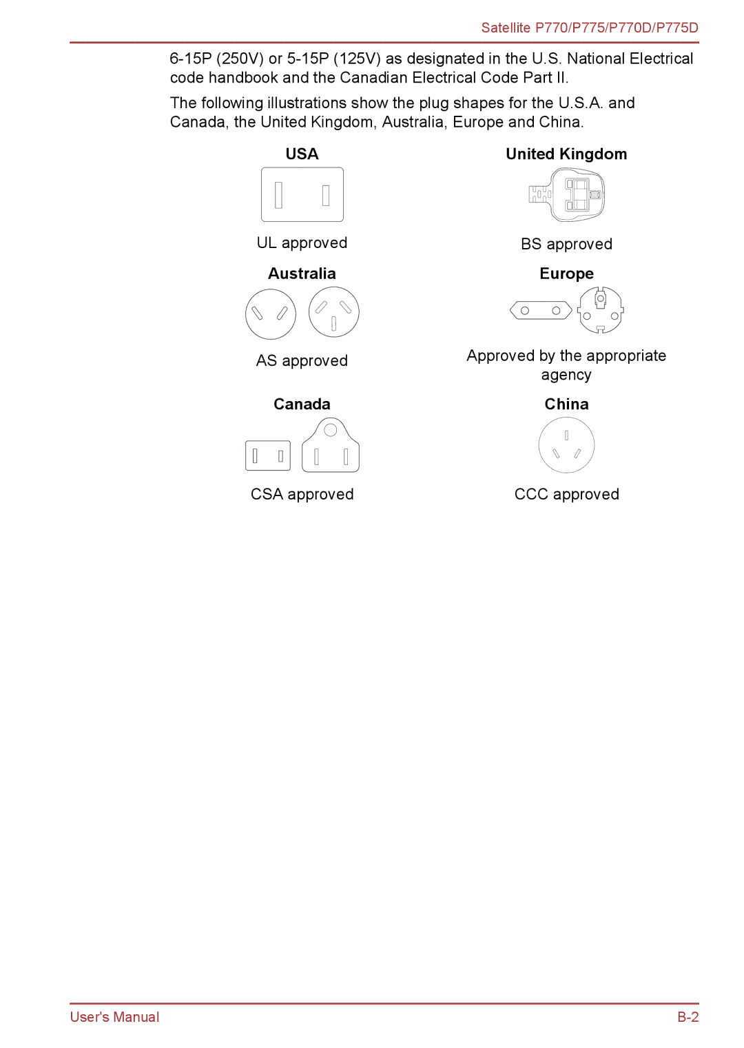 Toshiba P770 user manual Australia Europe, Canada China 