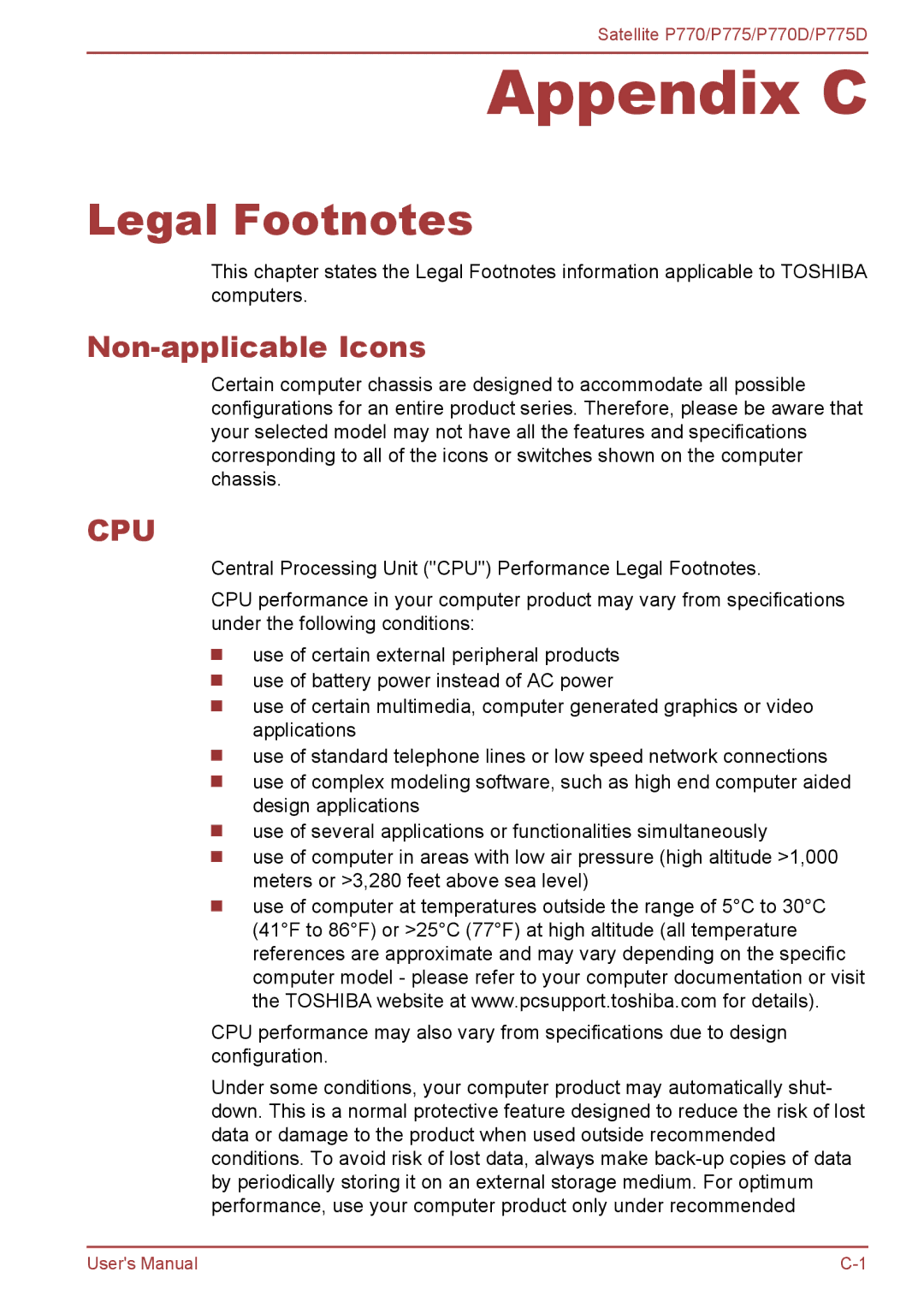 Toshiba P770 user manual Legal Footnotes, Non-applicable Icons 