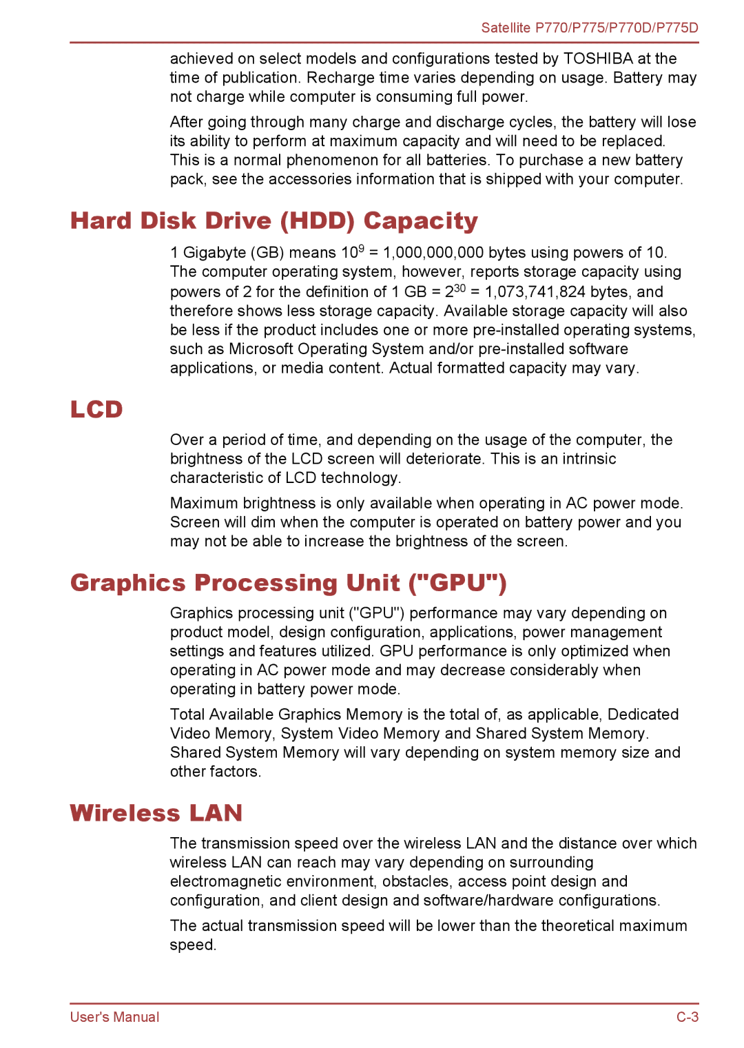 Toshiba P770 user manual Hard Disk Drive HDD Capacity, Graphics Processing Unit GPU, Wireless LAN 